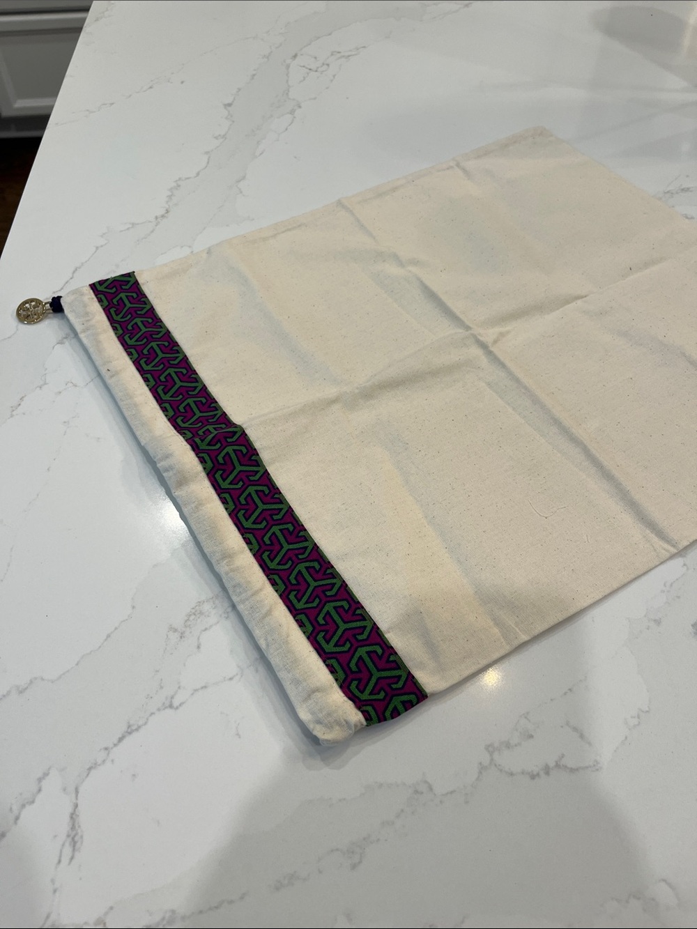 Tory Burch Natural Canvas Pouch with Purple & Green Trim